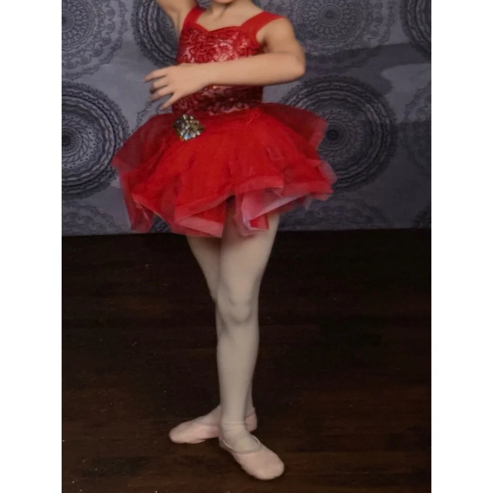 Sparkly Red Weissman‎ Dance Costume + Feather & Tulle Skirts + Bow! 💃